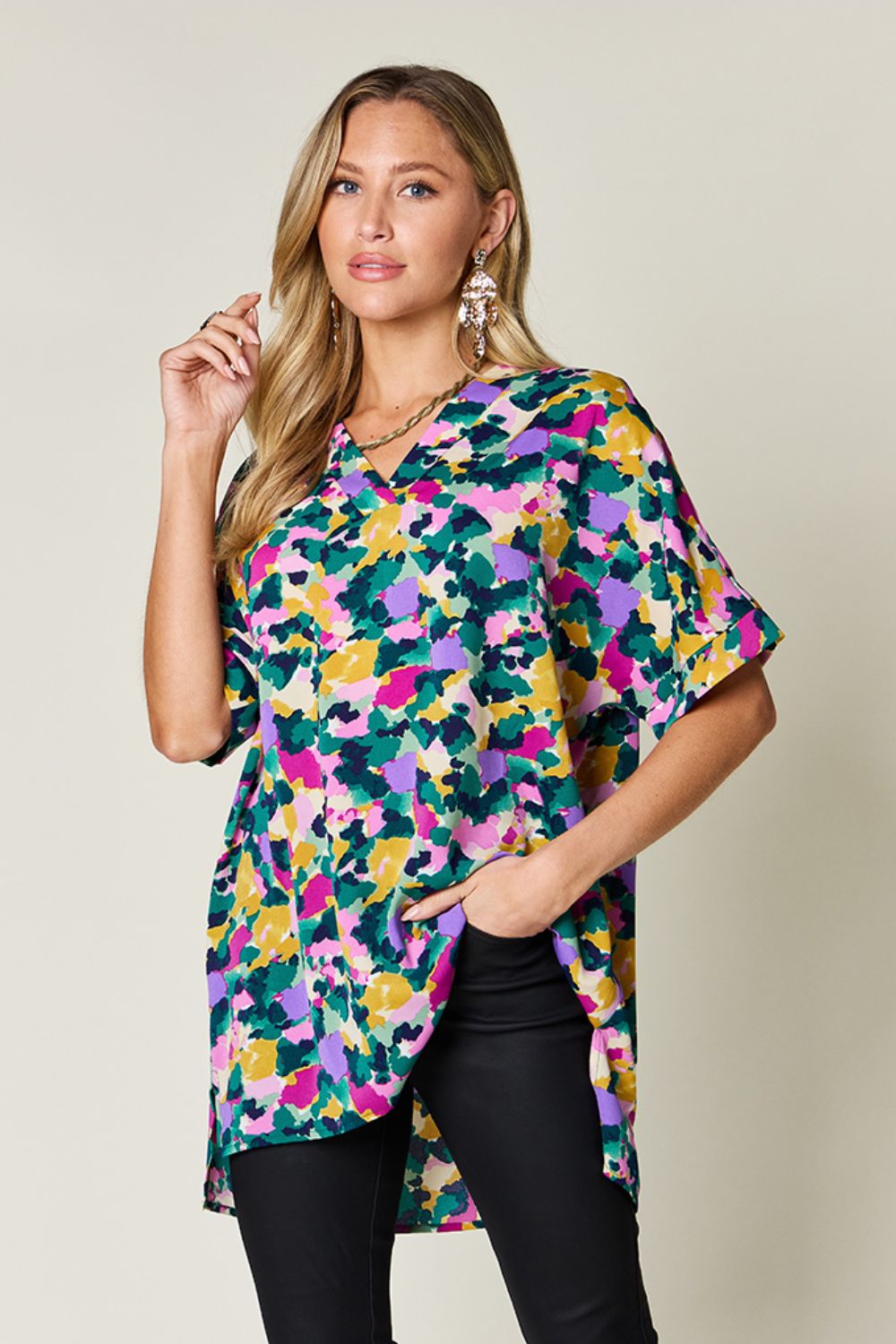 Double Take Full Size Printed V - Neck Short Sleeve Blouse - Loulou Boutique