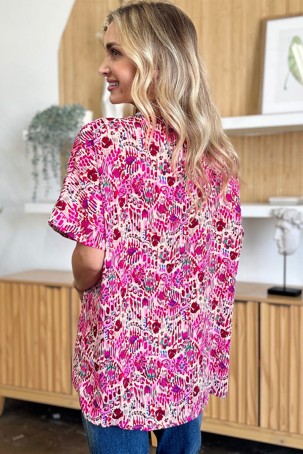 Double Take Full Size Printed V - Neck Short Sleeve Blouse - Loulou Boutique