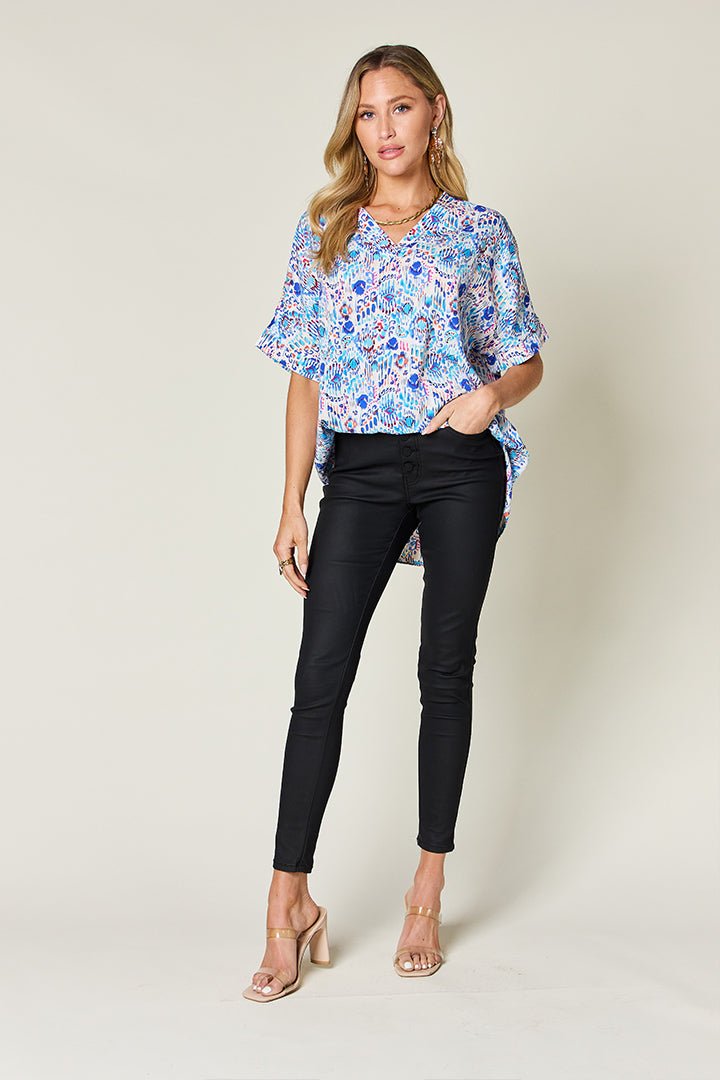 Double Take Full Size Printed V - Neck Short Sleeve Blouse - Loulou Boutique