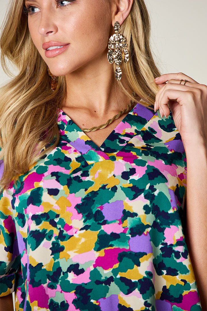 Double Take Full Size Printed V - Neck Short Sleeve Blouse - Loulou Boutique