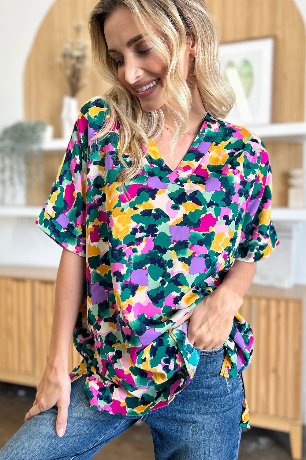 Double Take Full Size Printed V - Neck Short Sleeve Blouse - Loulou Boutique