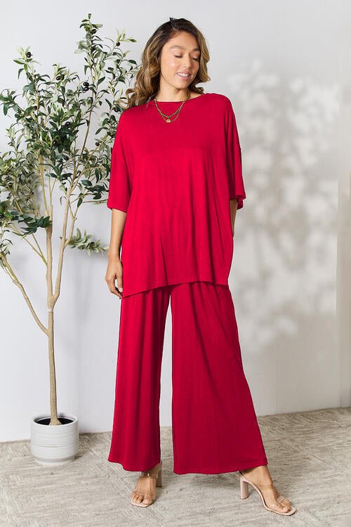 Double Take Full Size Round Neck Slit Top and Pants Set - Loulou Boutique