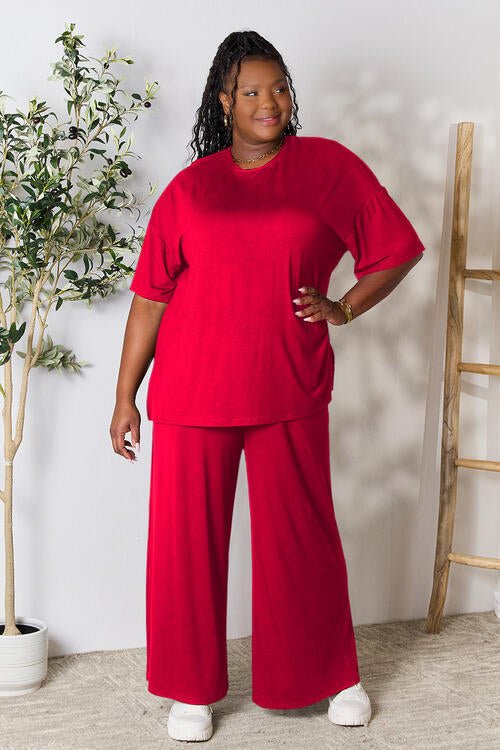 Double Take Full Size Round Neck Slit Top and Pants Set - Loulou Boutique