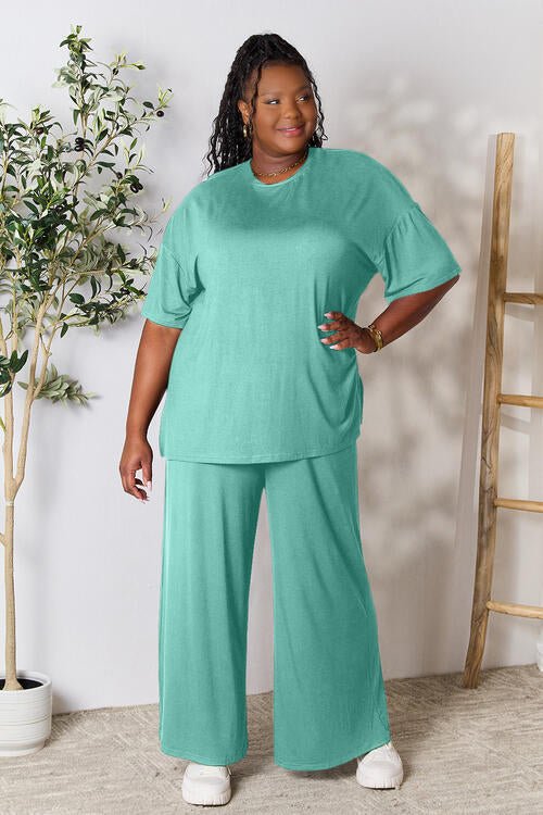 Double Take Full Size Round Neck Slit Top and Pants Set - Loulou Boutique