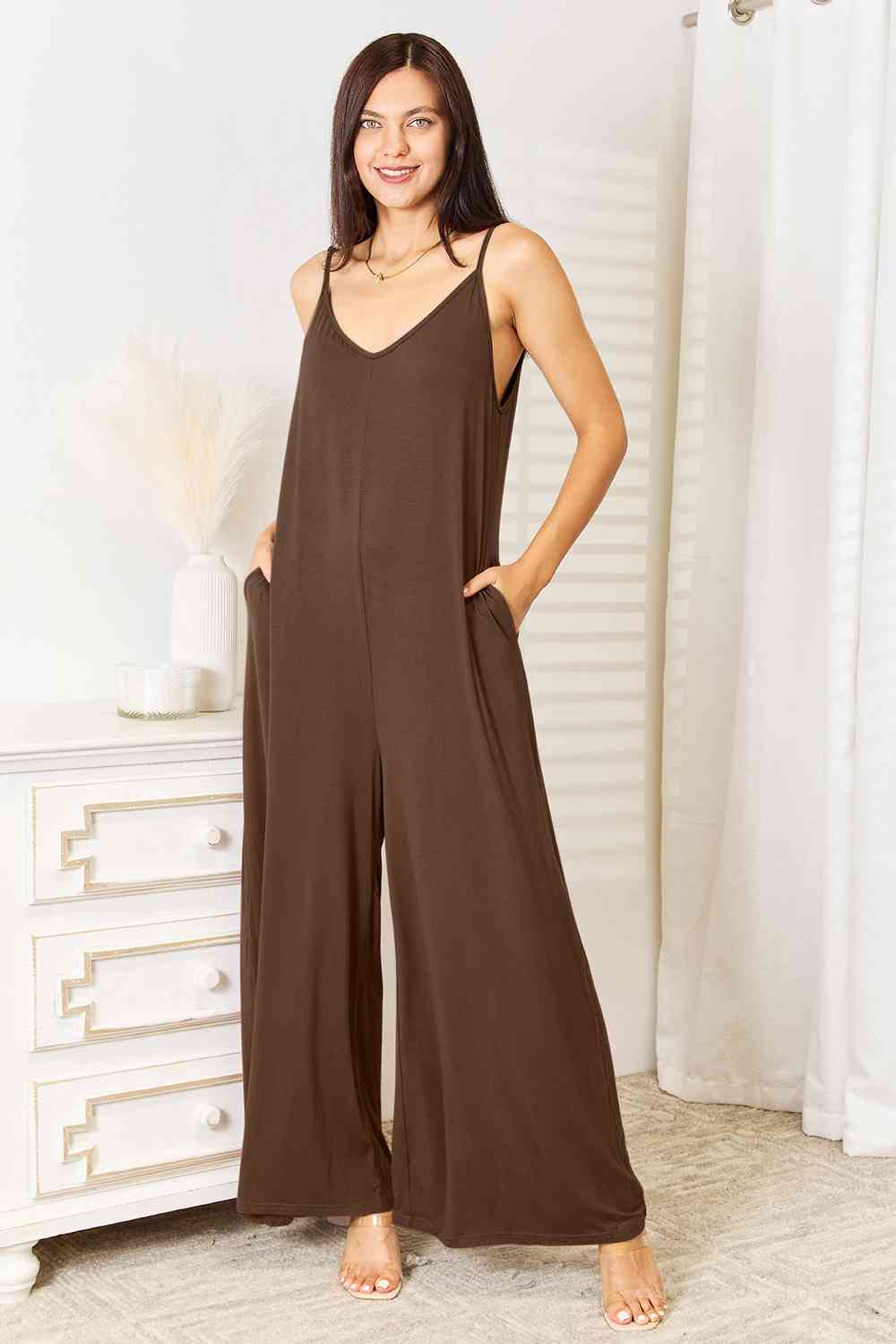 Double Take Full Size Soft Rayon Spaghetti Strap Tied Wide Leg Jumpsuit - Loulou Boutique