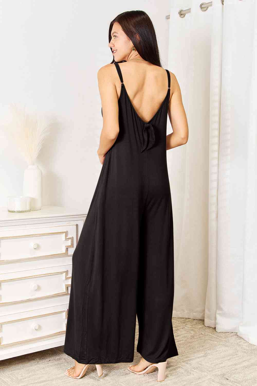 Double Take Full Size Soft Rayon Spaghetti Strap Tied Wide Leg Jumpsuit - Loulou Boutique