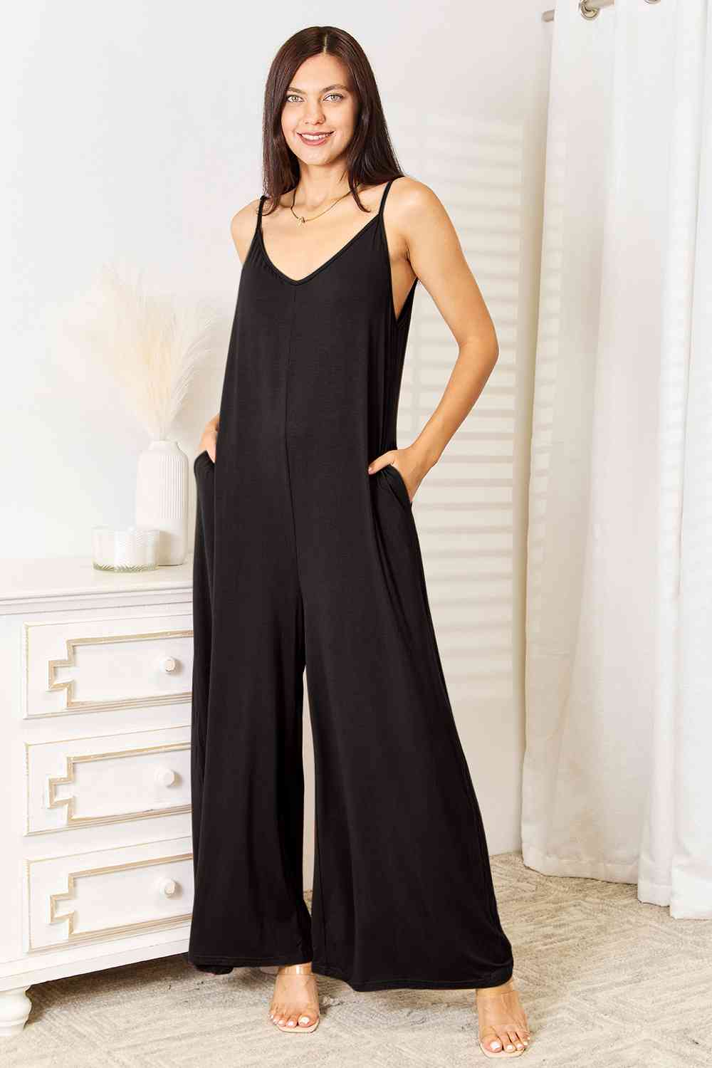 Double Take Full Size Soft Rayon Spaghetti Strap Tied Wide Leg Jumpsuit - Loulou Boutique