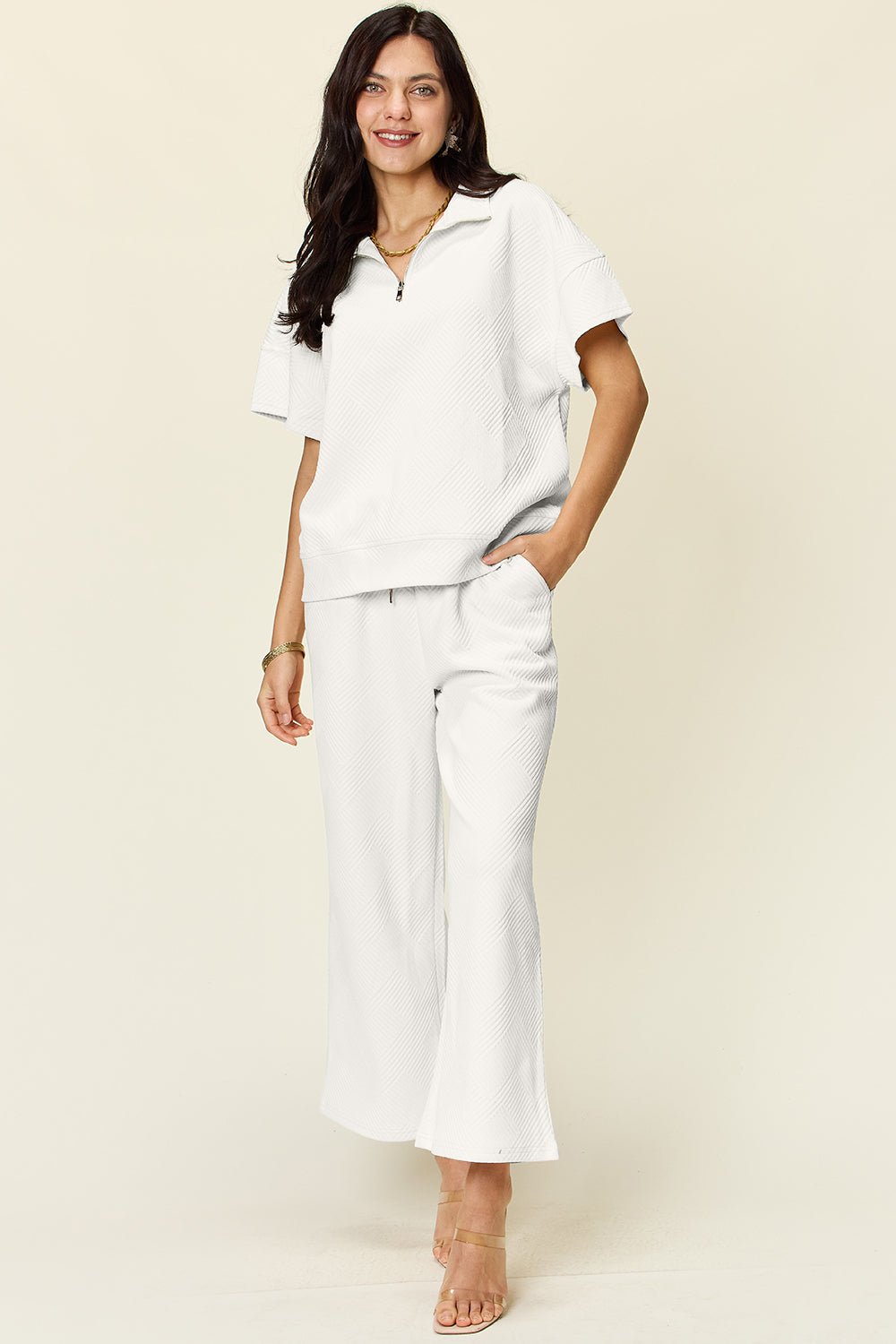 Double Take Full Size Texture Half Zip Short Sleeve Top and Pants Set - Loulou Boutique