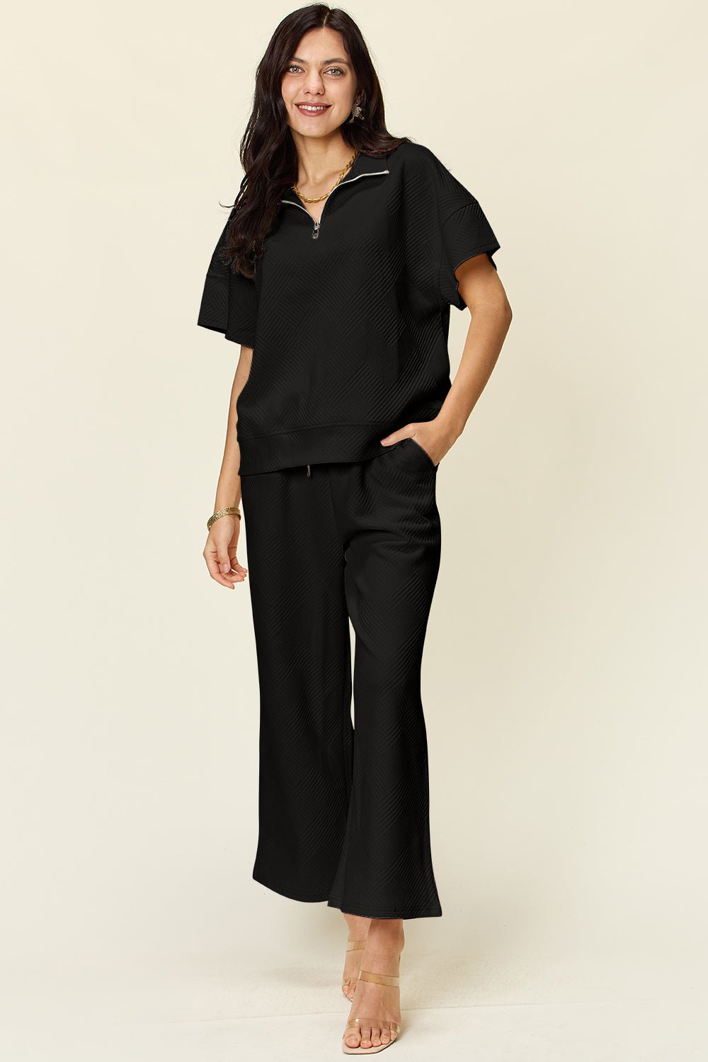 Double Take Full Size Texture Half Zip Short Sleeve Top and Pants Set - Loulou Boutique