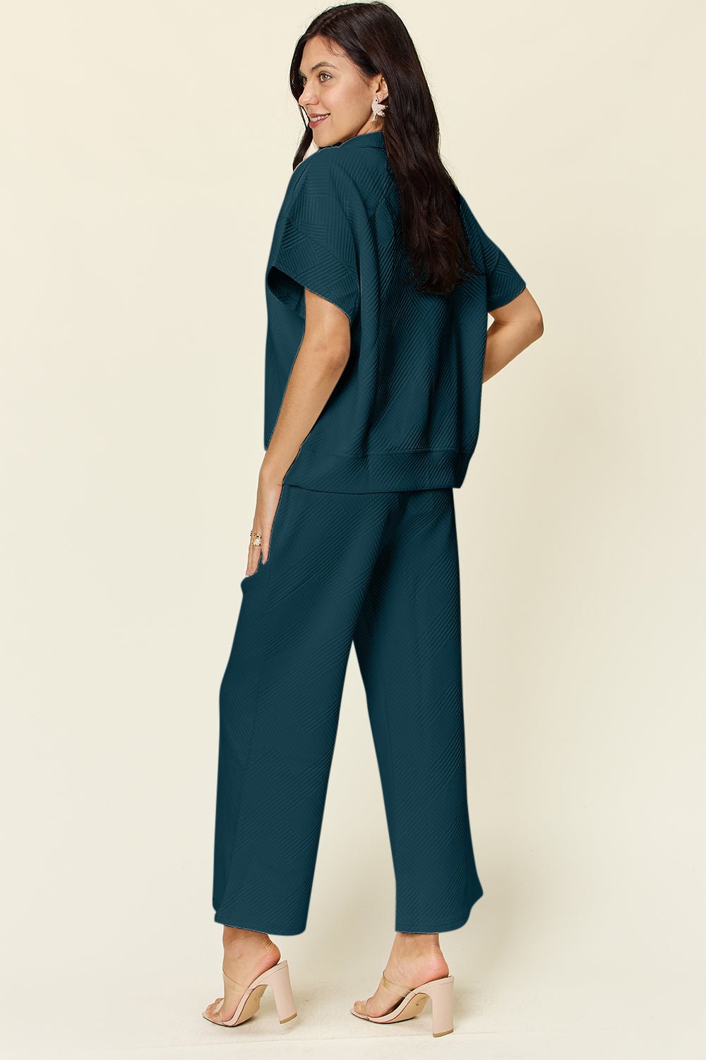 Double Take Full Size Texture Half Zip Short Sleeve Top and Pants Set - Loulou Boutique