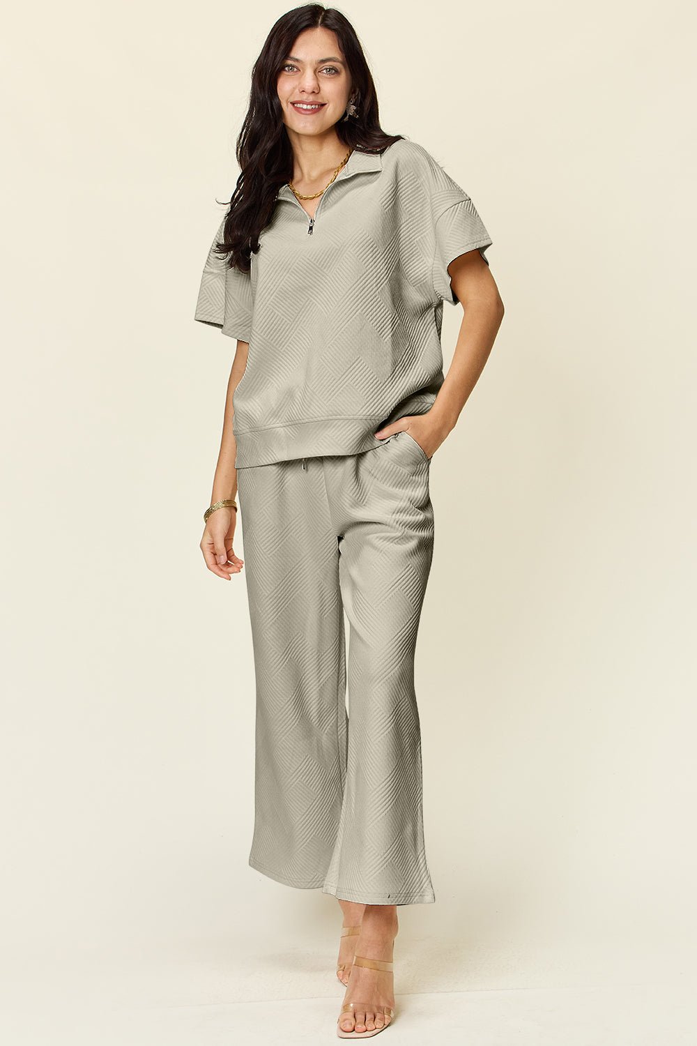 Double Take Full Size Texture Half Zip Short Sleeve Top and Pants Set - Loulou Boutique