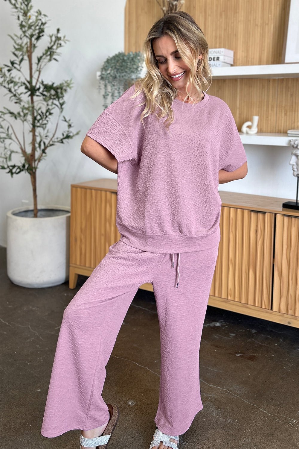 Double Take Full Size Texture Short Sleeve Top and Pants Set - Loulou Boutique