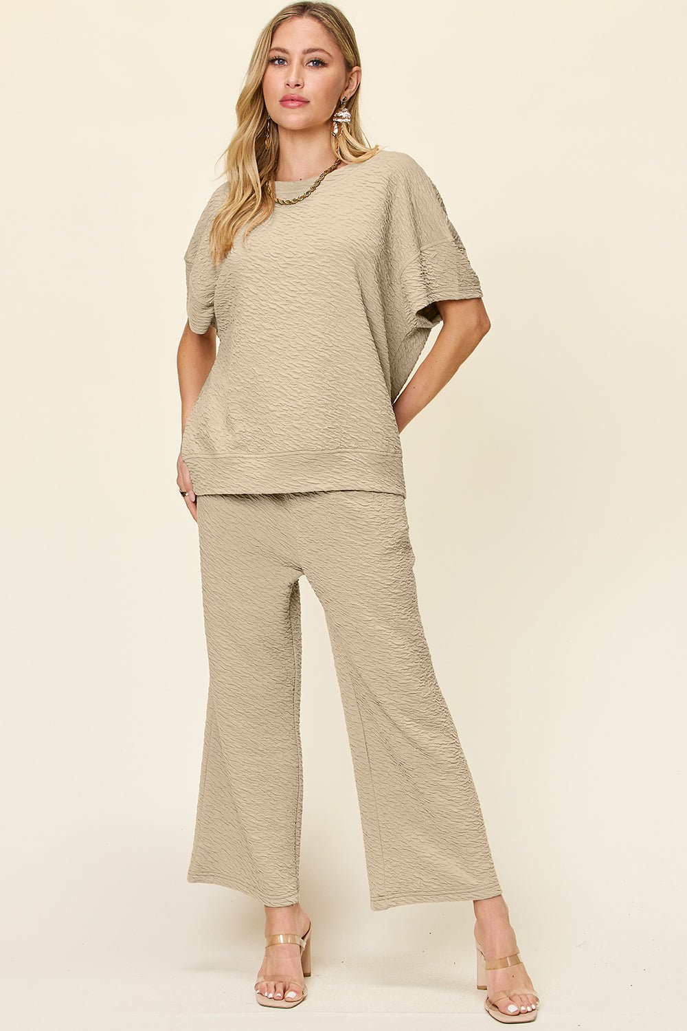 Double Take Full Size Texture Short Sleeve Top and Pants Set - Loulou Boutique