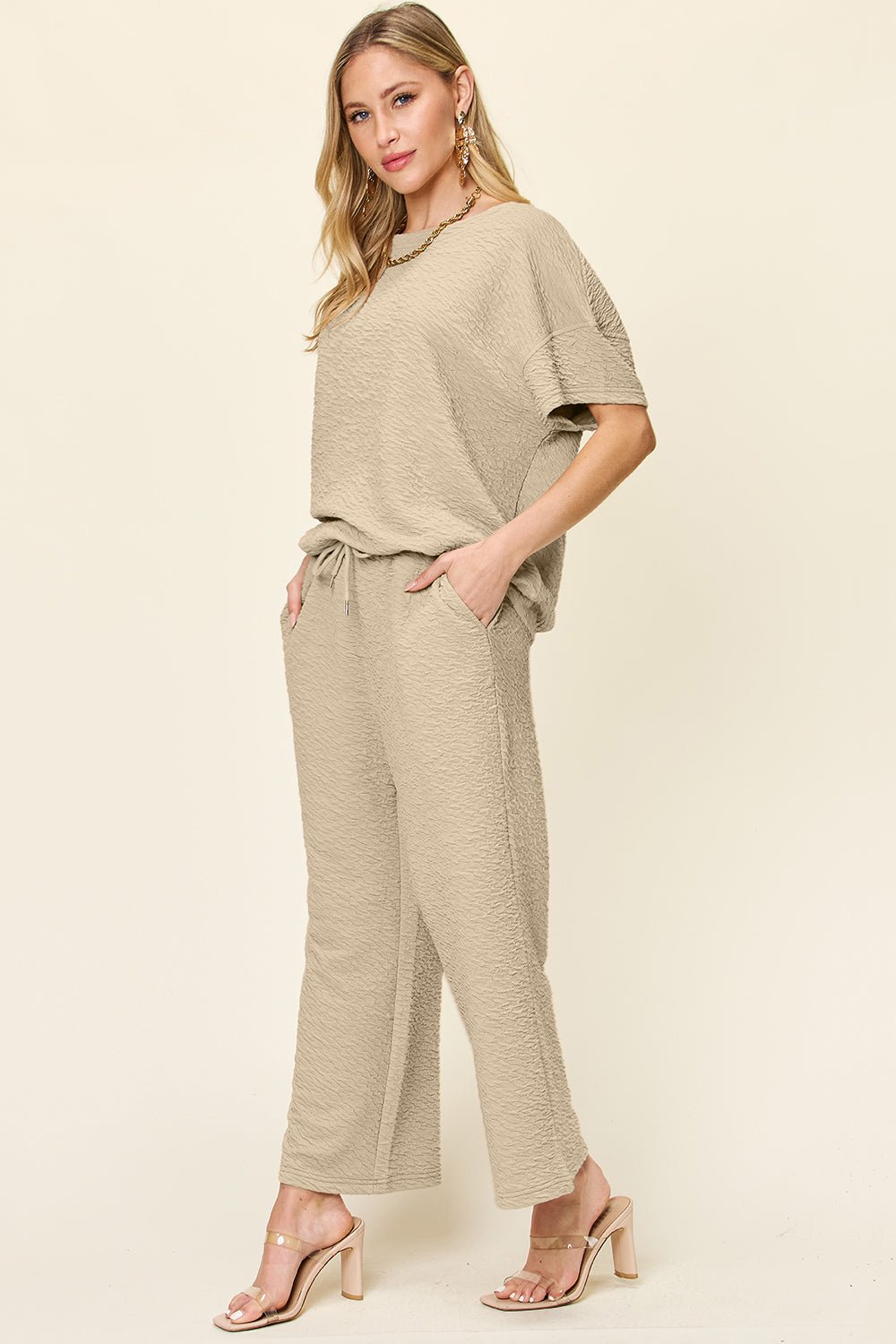 Double Take Full Size Texture Short Sleeve Top and Pants Set - Loulou Boutique