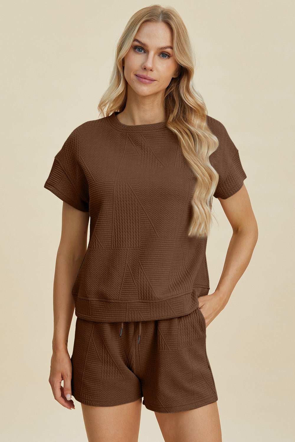 Double Take Full Size Texture Short Sleeve Top and Shorts Set - Loulou Boutique