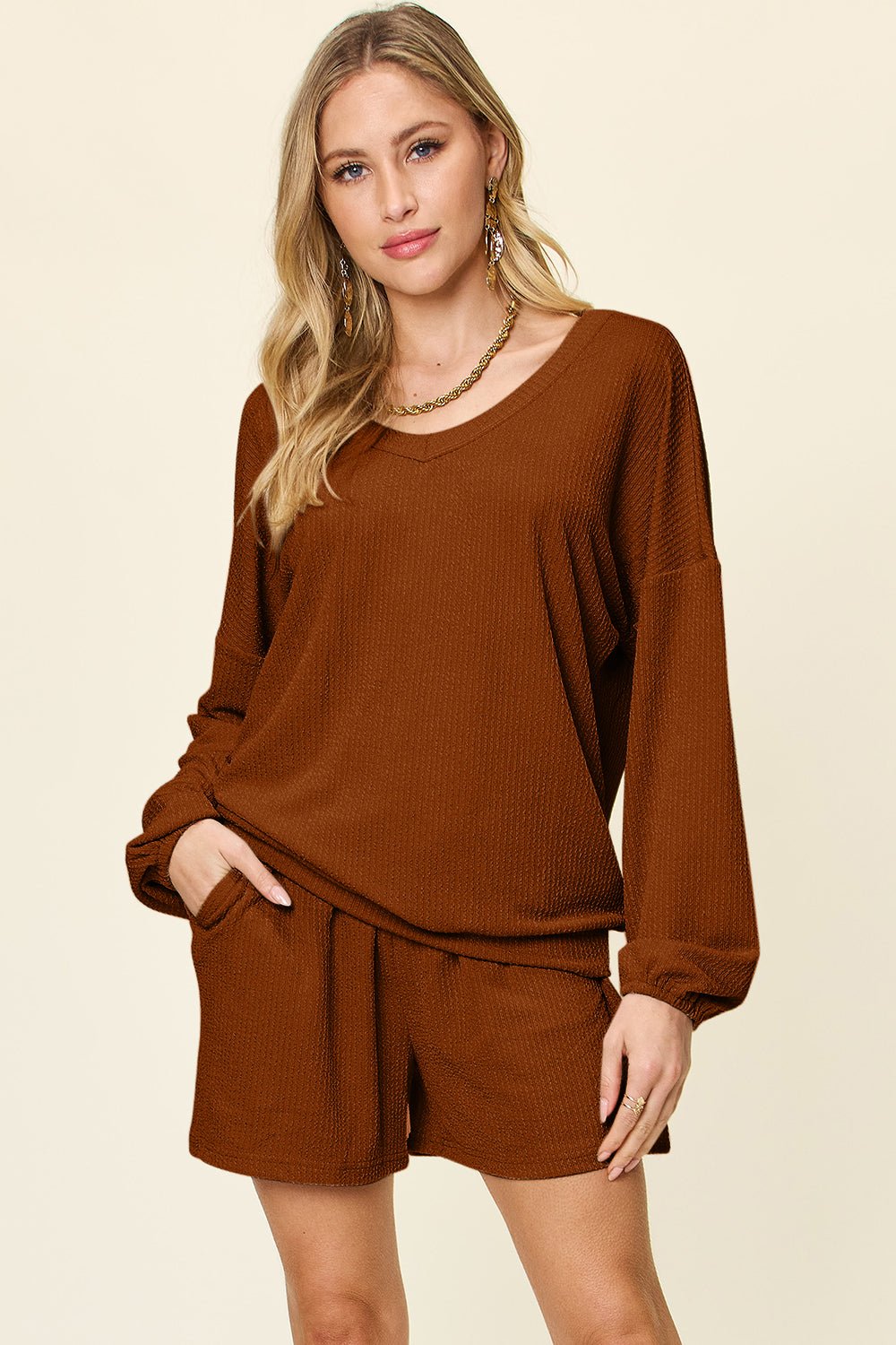 Double Take Full Size Texture V - Neck Long Sleeve T - Shirt and Shorts Set - Loulou Boutique