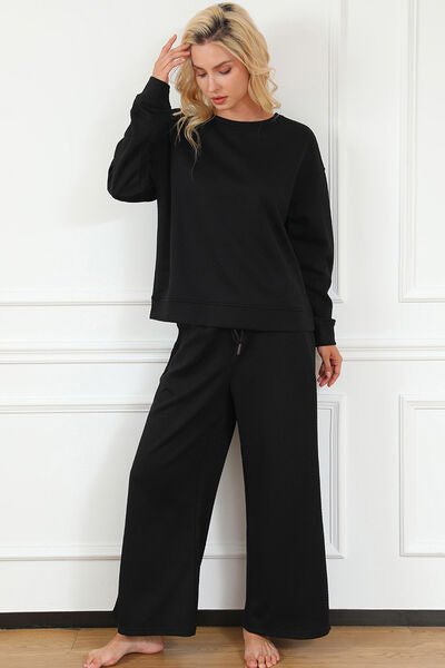 Double Take Full Size Textured Long Sleeve Top and Drawstring Pants Set - Loulou Boutique