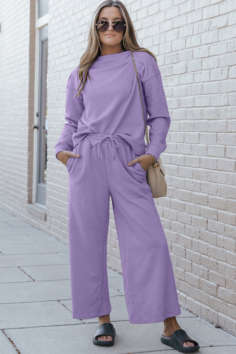 Double Take Full Size Textured Long Sleeve Top and Drawstring Pants Set - Loulou Boutique