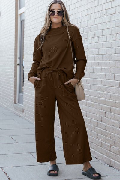 Double Take Full Size Textured Long Sleeve Top and Drawstring Pants Set - Loulou Boutique