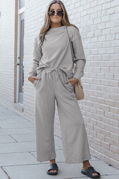 Double Take Full Size Textured Long Sleeve Top and Drawstring Pants Set - Loulou Boutique