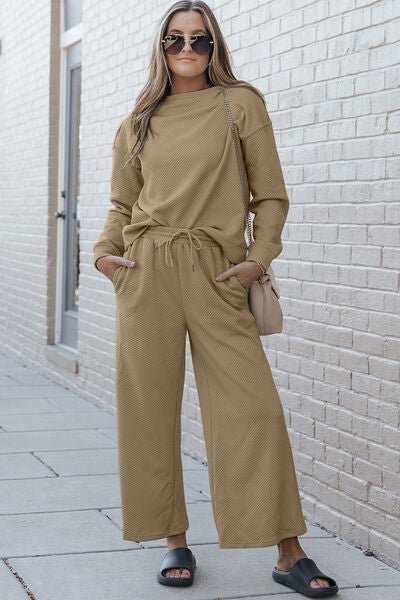 Double Take Full Size Textured Long Sleeve Top and Drawstring Pants Set - Loulou Boutique