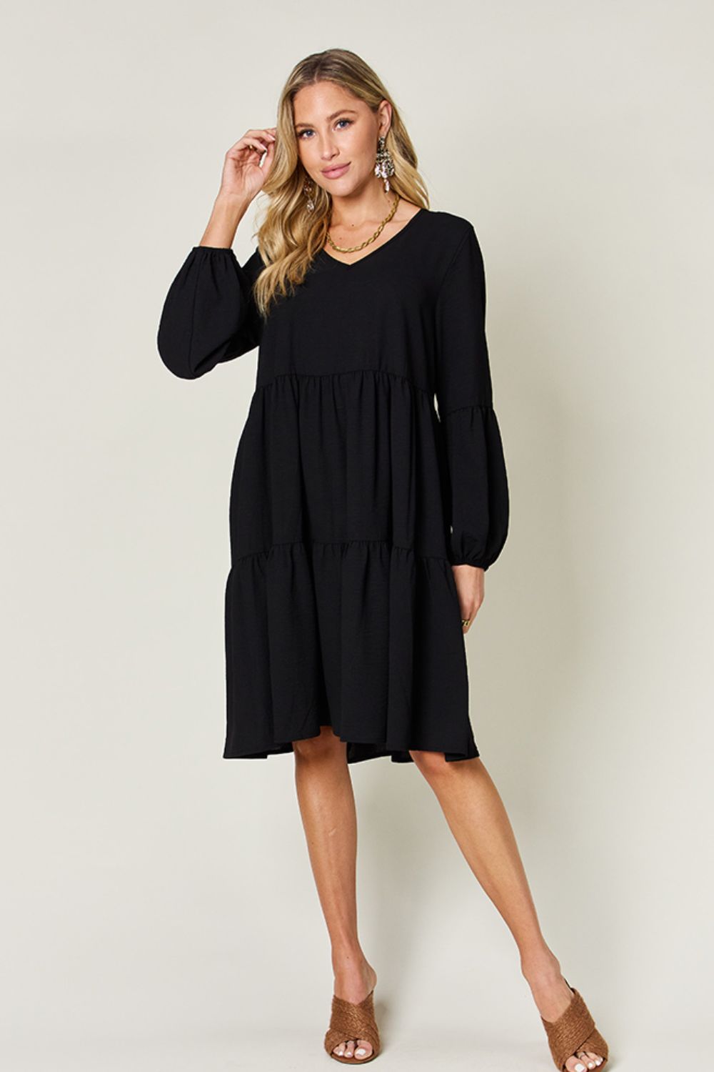 Double Take Full Size V - Neck Balloon Sleeve Tiered Dress with Pockets - Loulou Boutique