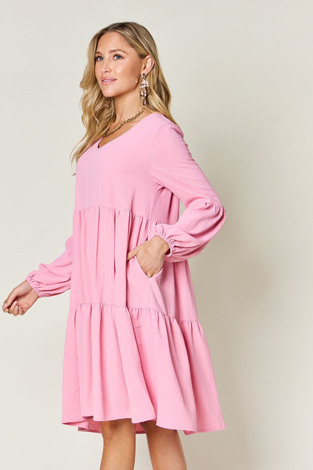 Double Take Full Size V - Neck Balloon Sleeve Tiered Dress with Pockets - Loulou Boutique