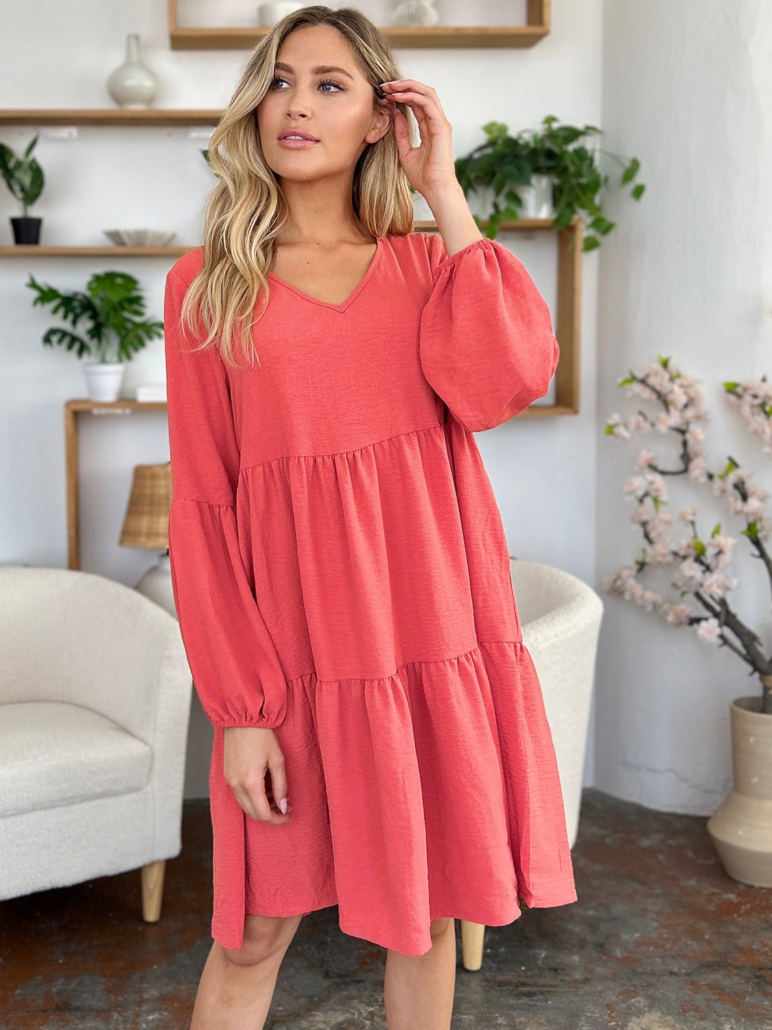 Double Take Full Size V - Neck Balloon Sleeve Tiered Dress with Pockets - Loulou Boutique