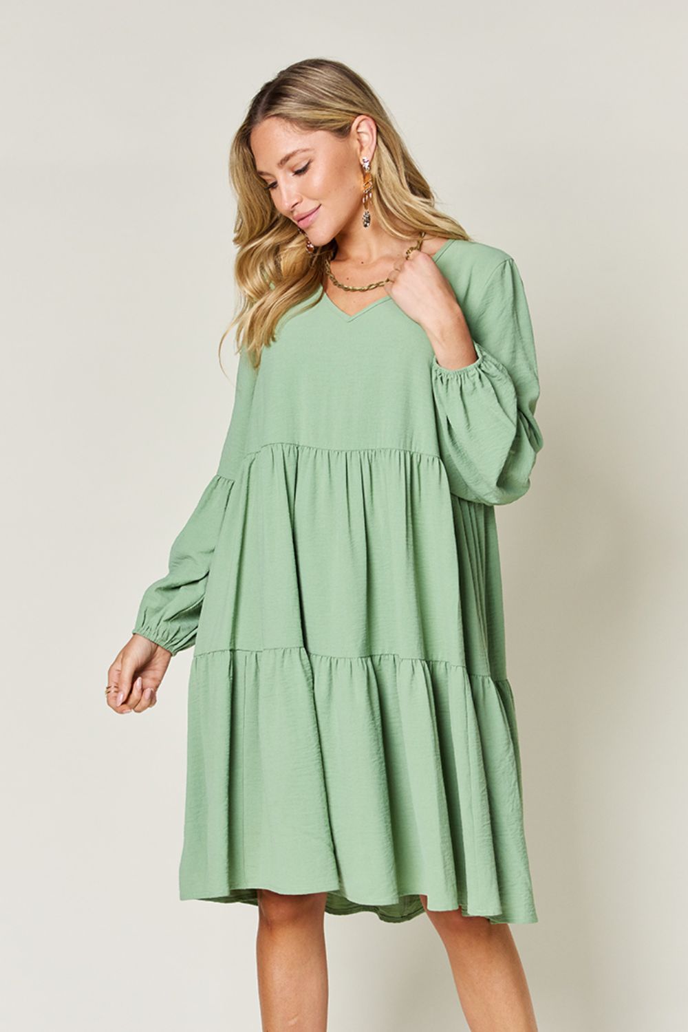 Double Take Full Size V - Neck Balloon Sleeve Tiered Dress with Pockets - Loulou Boutique