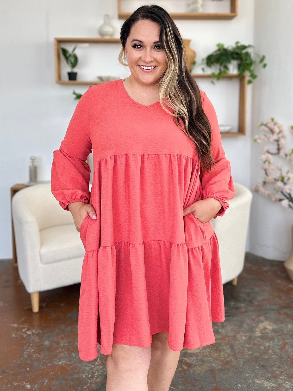 Double Take Full Size V - Neck Balloon Sleeve Tiered Dress with Pockets - Loulou Boutique