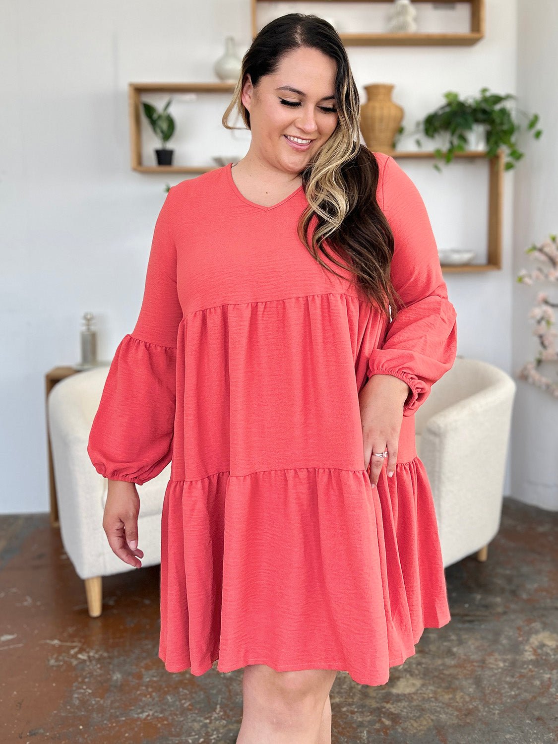 Double Take Full Size V - Neck Balloon Sleeve Tiered Dress with Pockets - Loulou Boutique