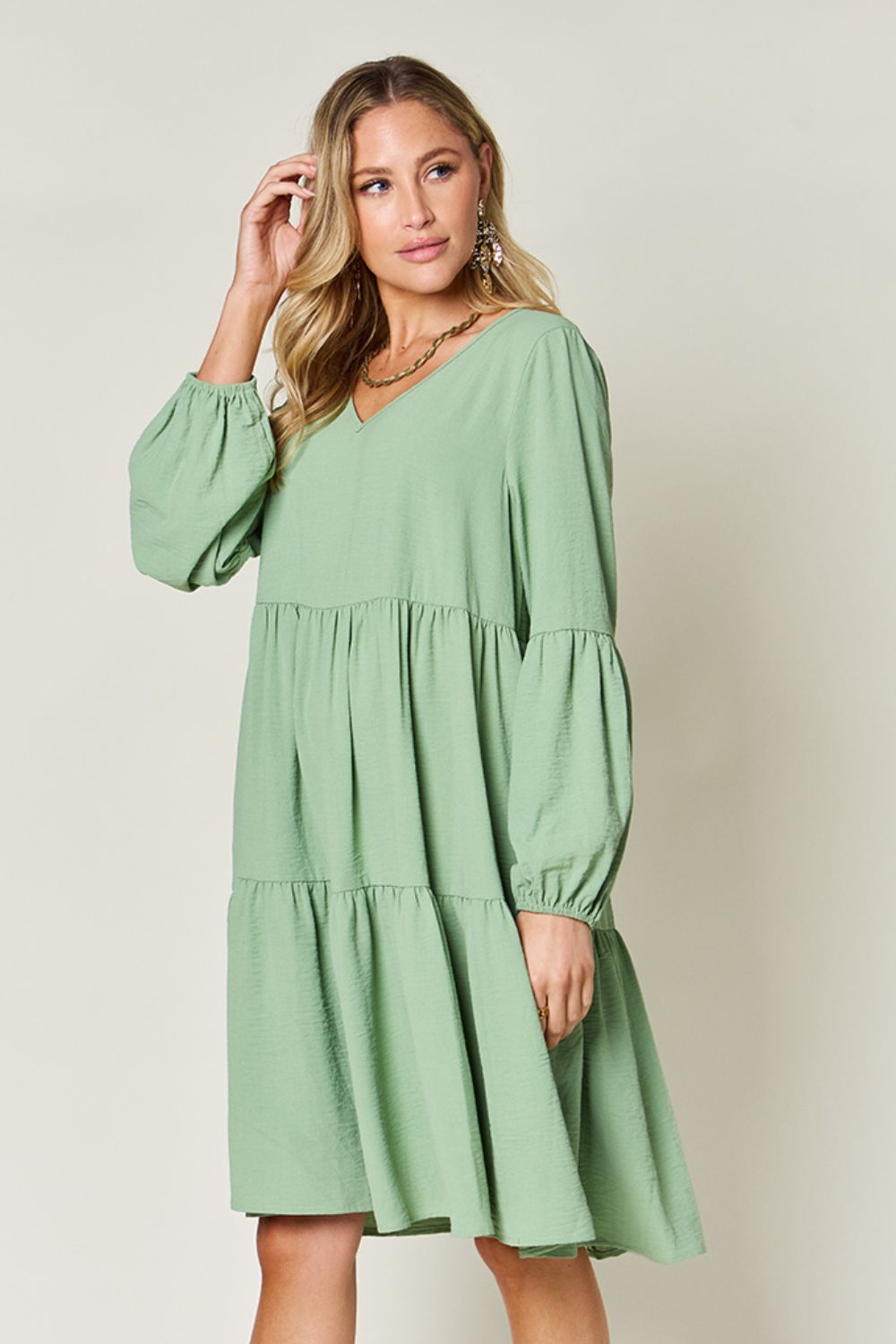 Double Take Full Size V - Neck Balloon Sleeve Tiered Dress with Pockets - Loulou Boutique