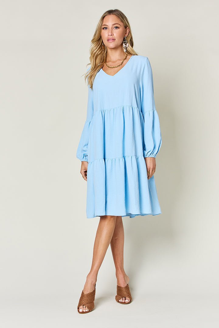 Double Take Full Size V - Neck Balloon Sleeve Tiered Dress with Pockets - Loulou Boutique