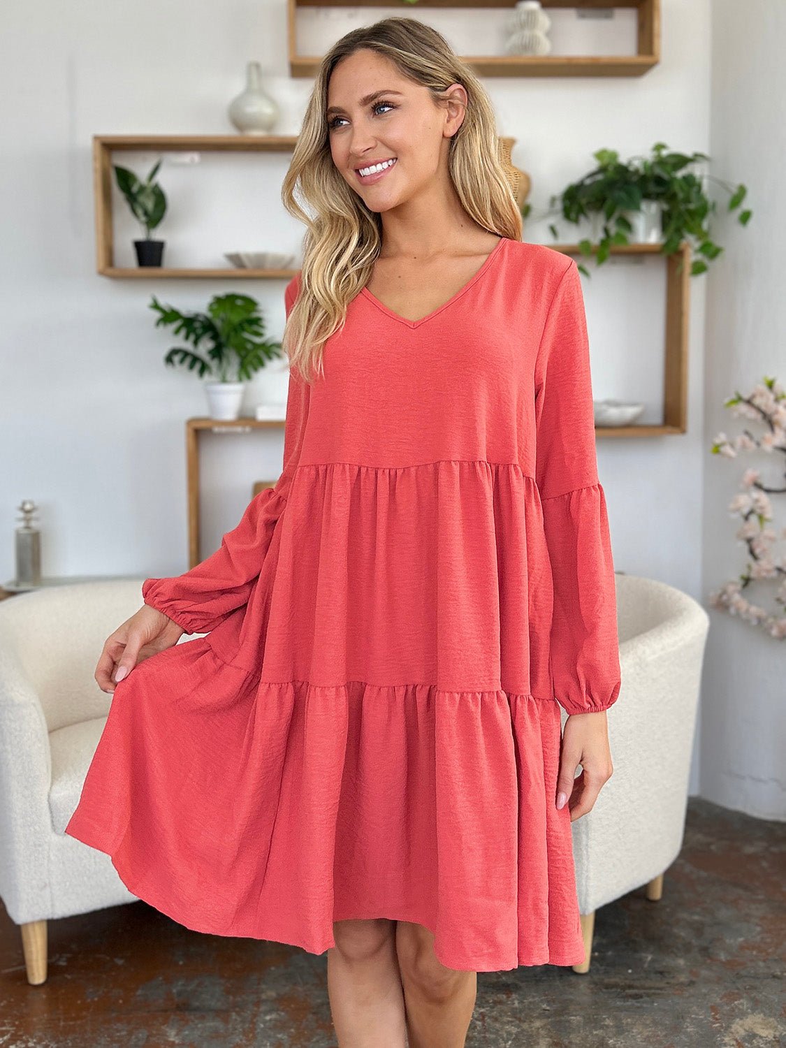 Double Take Full Size V - Neck Balloon Sleeve Tiered Dress with Pockets - Loulou Boutique