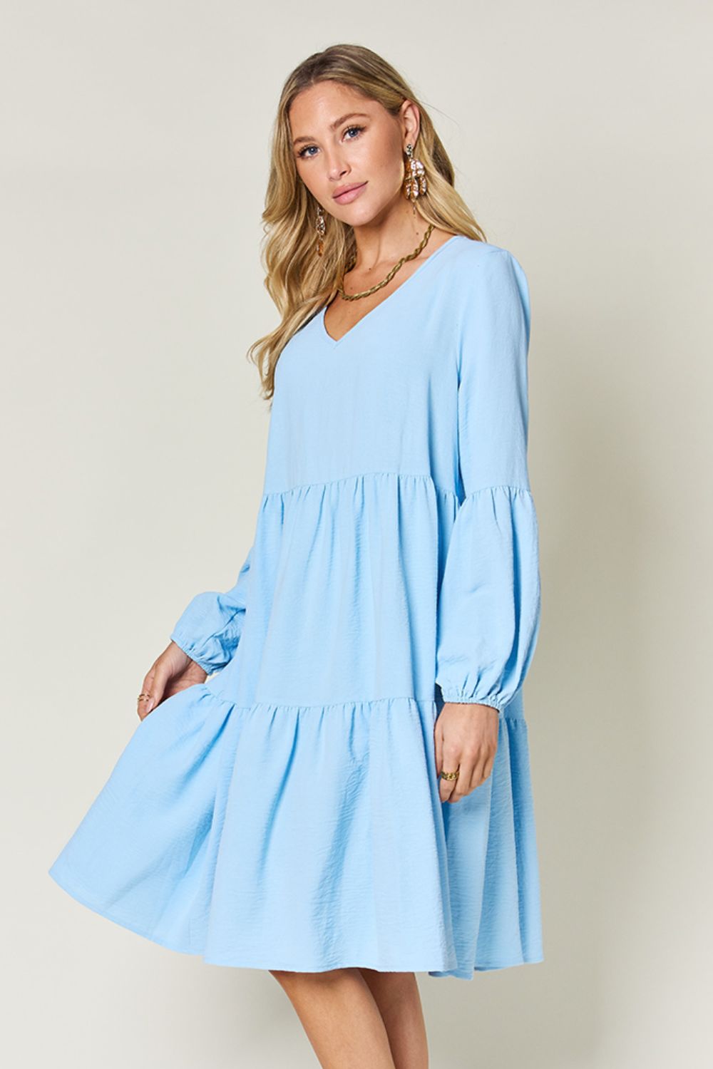 Double Take Full Size V - Neck Balloon Sleeve Tiered Dress with Pockets - Loulou Boutique