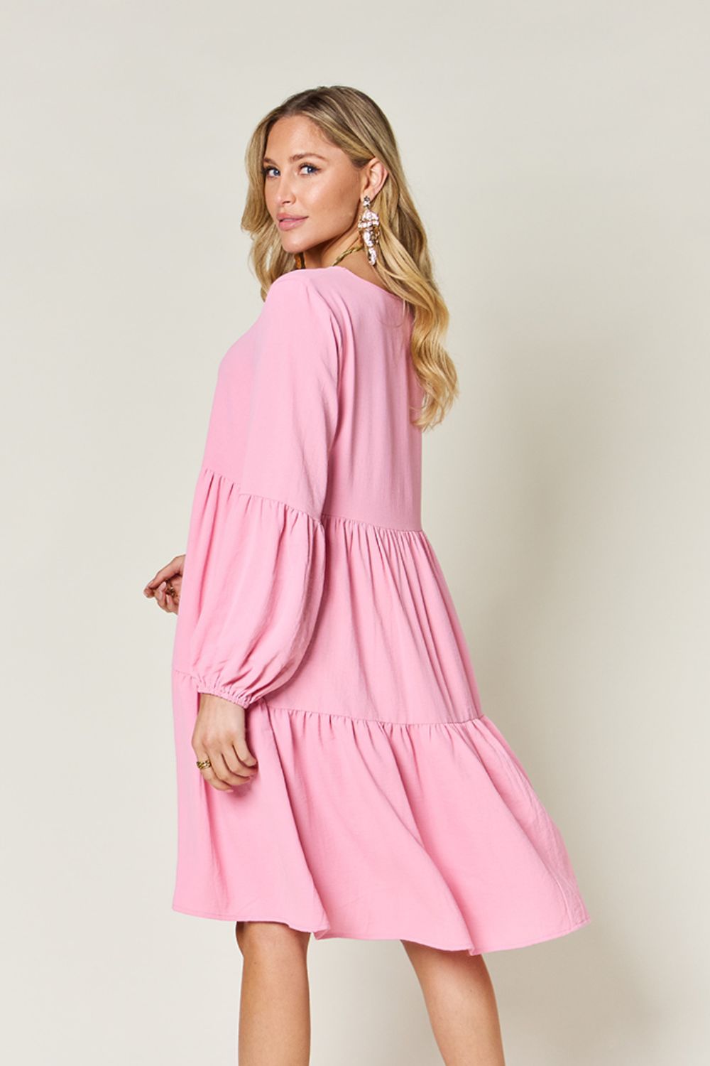 Double Take Full Size V - Neck Balloon Sleeve Tiered Dress with Pockets - Loulou Boutique