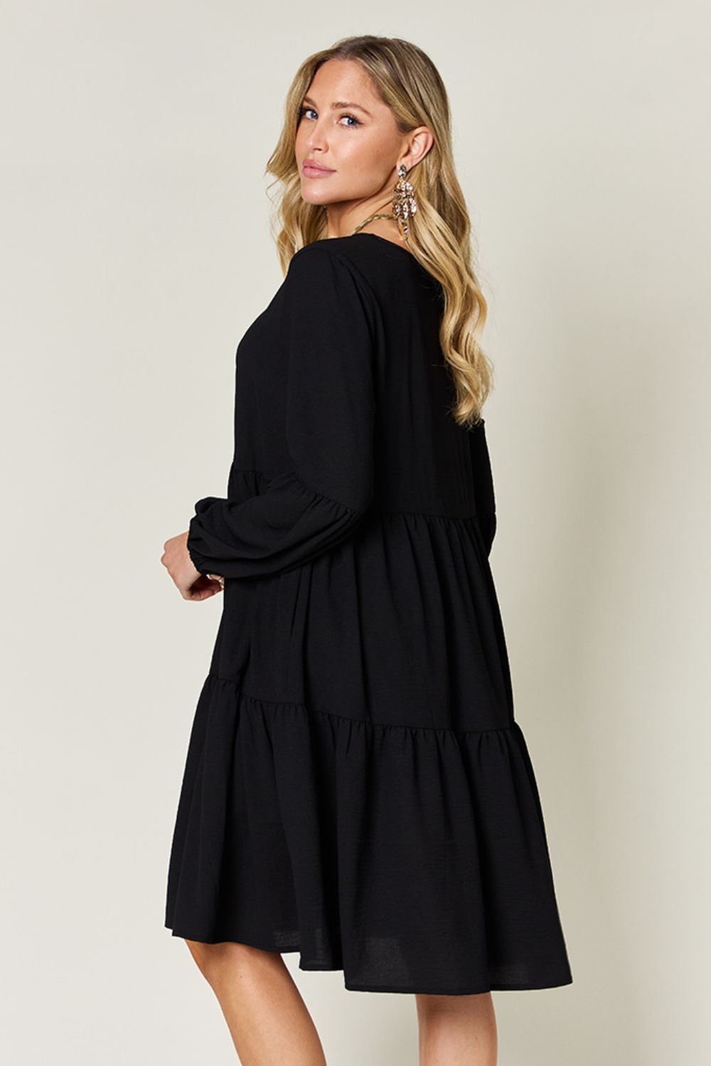 Double Take Full Size V - Neck Balloon Sleeve Tiered Dress with Pockets - Loulou Boutique