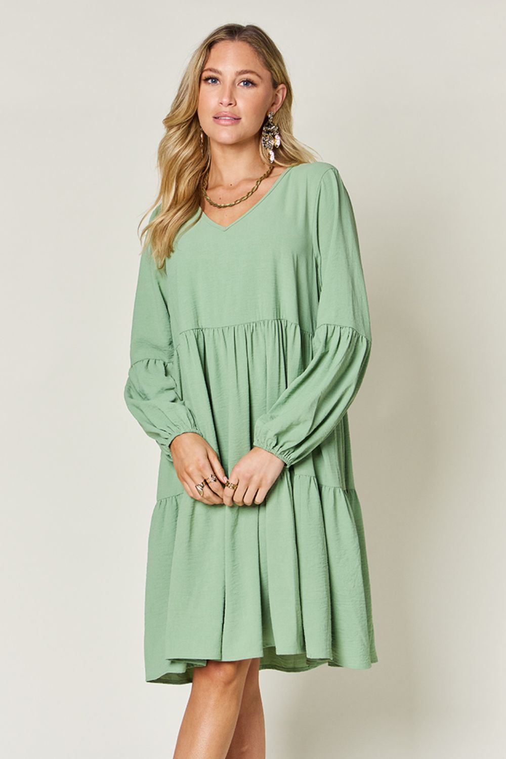 Double Take Full Size V - Neck Balloon Sleeve Tiered Dress with Pockets - Loulou Boutique