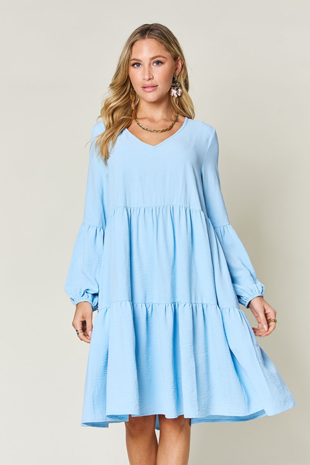 Double Take Full Size V - Neck Balloon Sleeve Tiered Dress with Pockets - Loulou Boutique