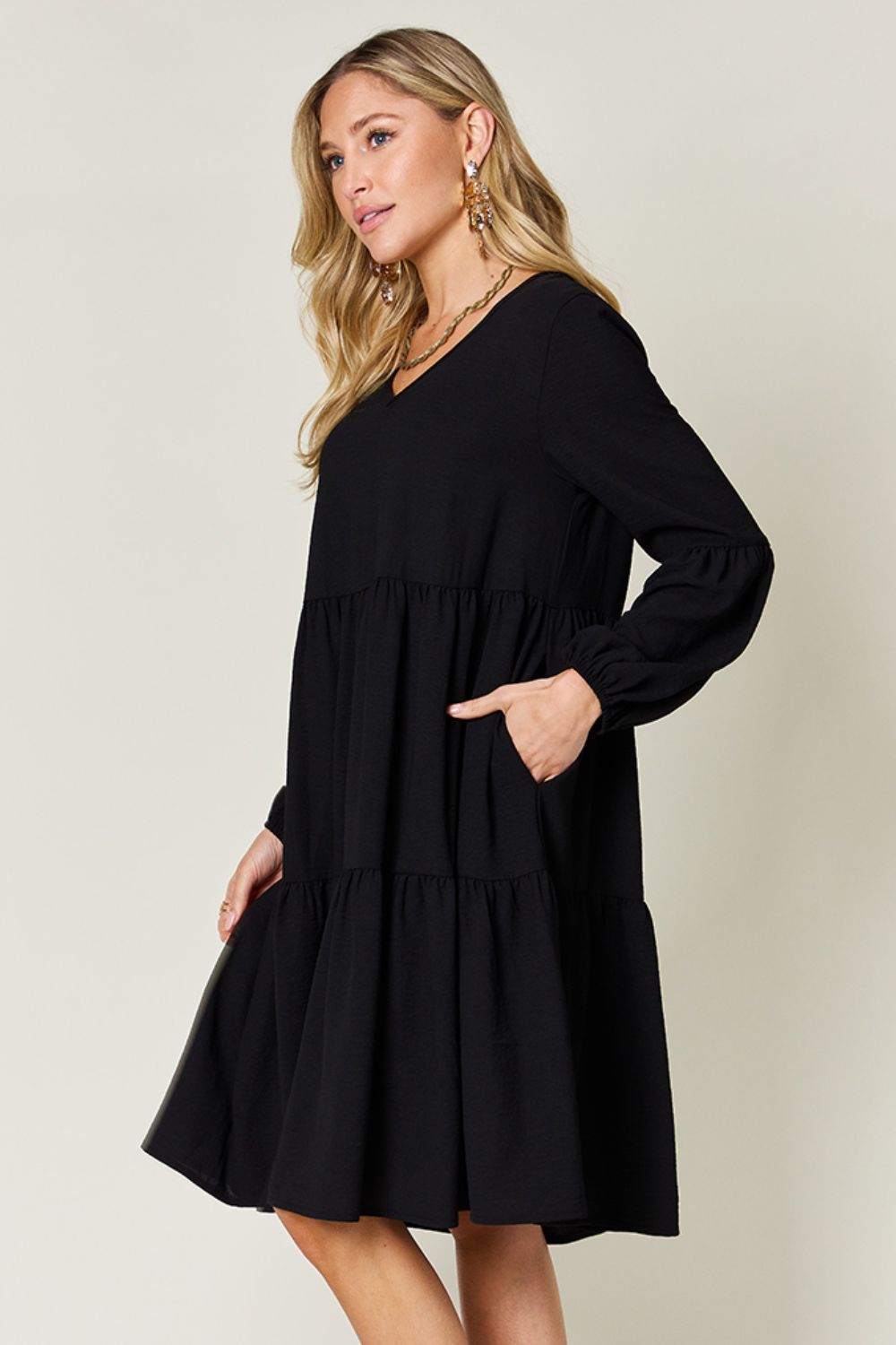 Double Take Full Size V - Neck Balloon Sleeve Tiered Dress with Pockets - Loulou Boutique