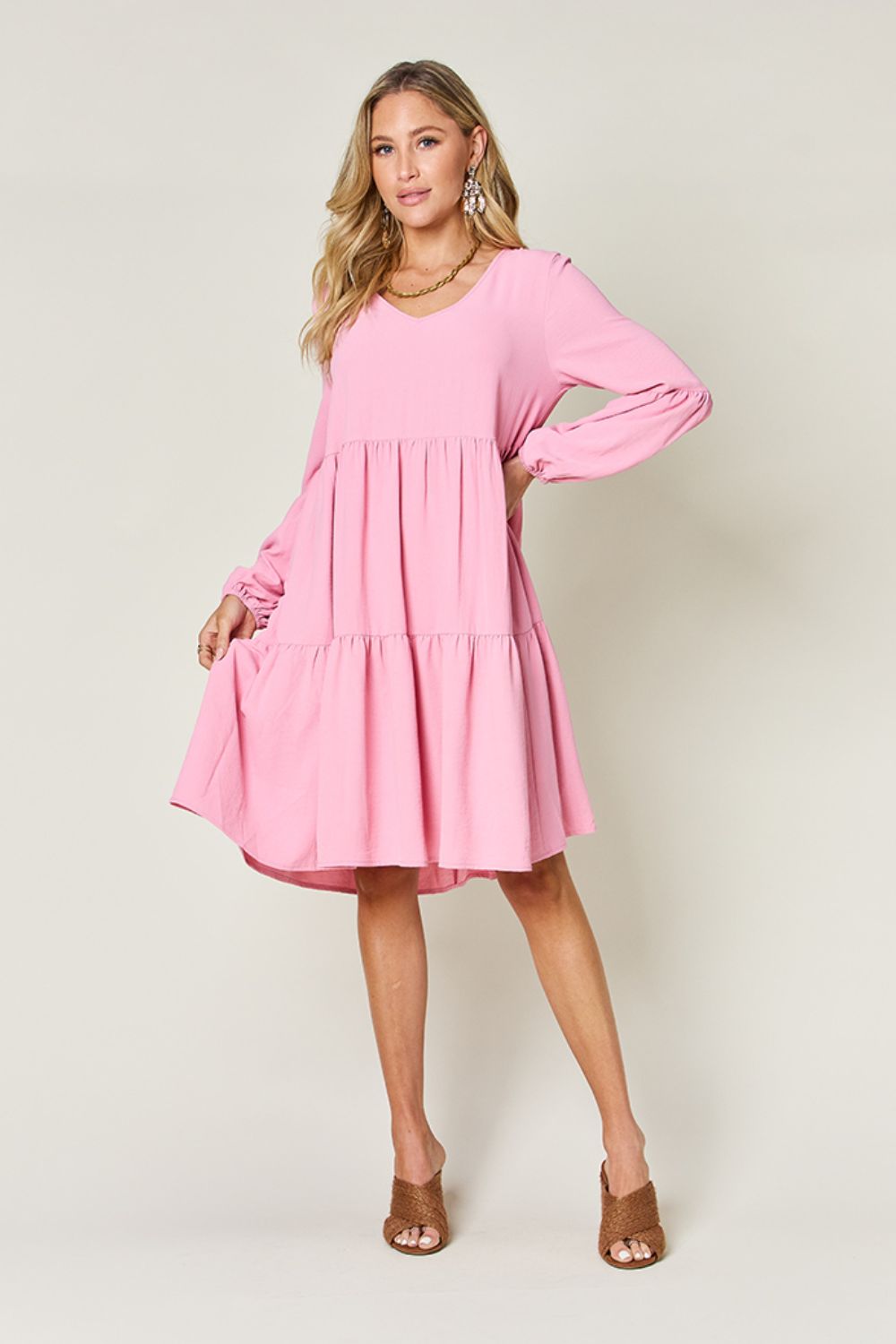 Double Take Full Size V - Neck Balloon Sleeve Tiered Dress with Pockets - Loulou Boutique