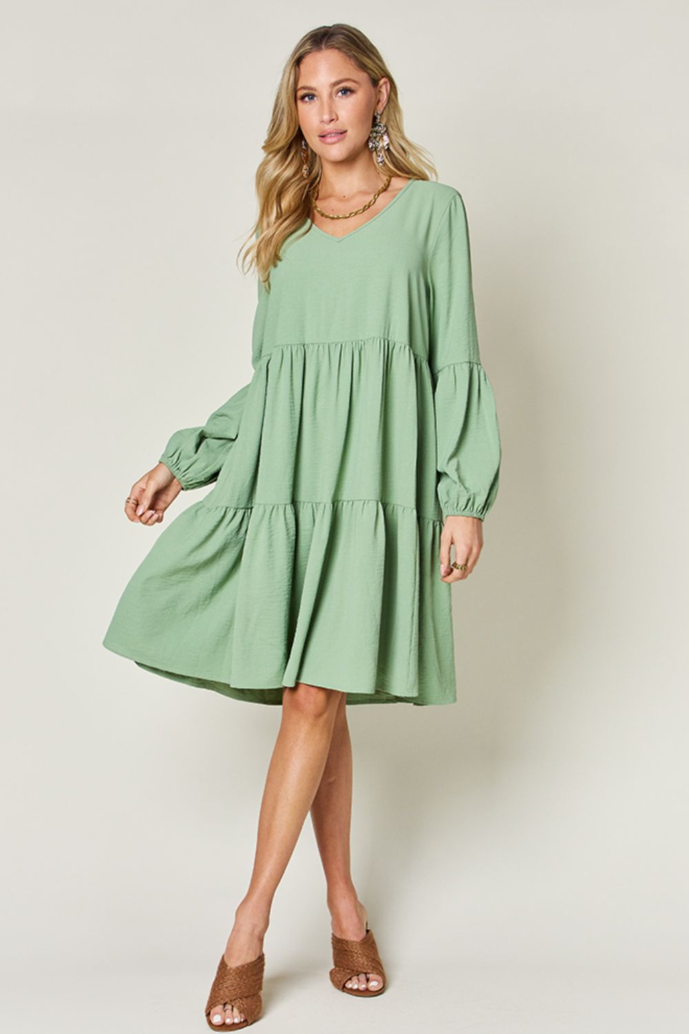 Double Take Full Size V - Neck Balloon Sleeve Tiered Dress with Pockets - Loulou Boutique