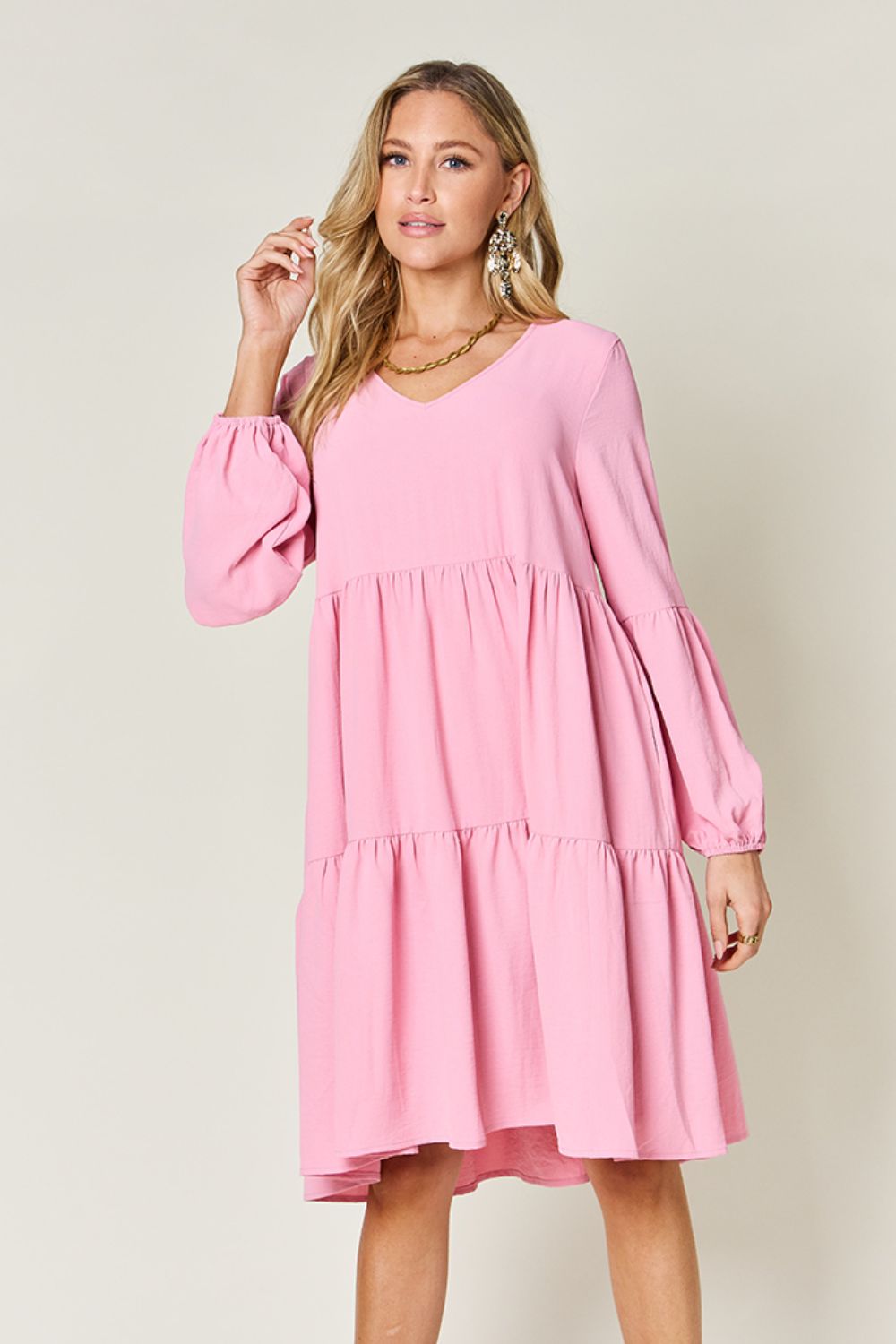 Double Take Full Size V - Neck Balloon Sleeve Tiered Dress with Pockets - Loulou Boutique