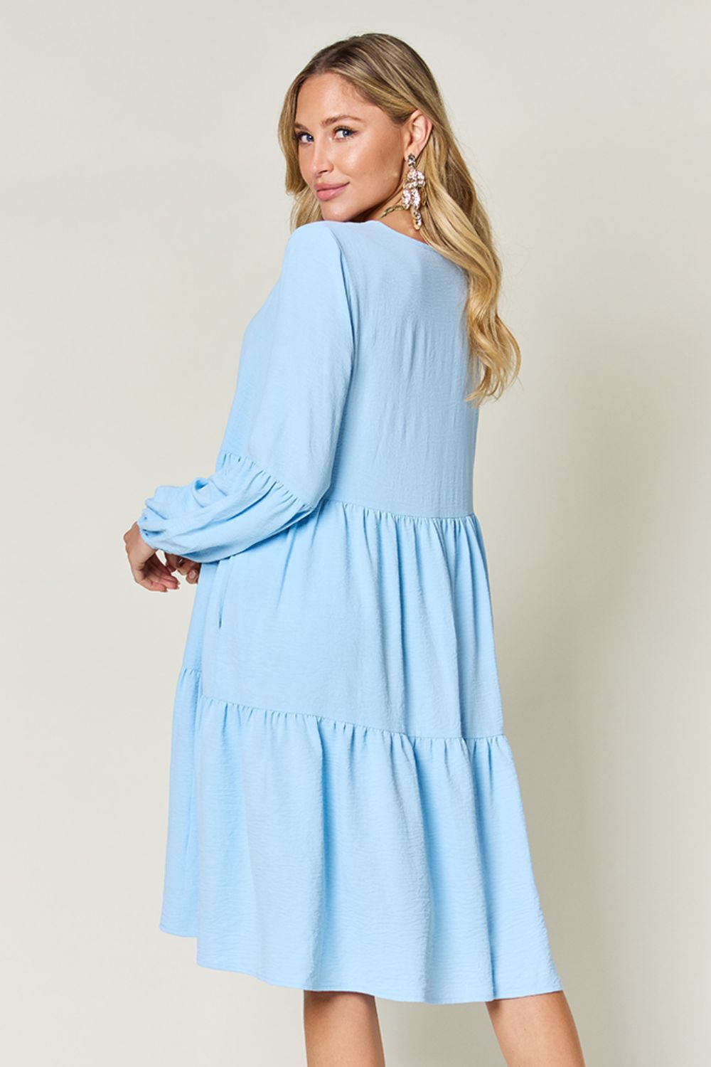 Double Take Full Size V - Neck Balloon Sleeve Tiered Dress with Pockets - Loulou Boutique