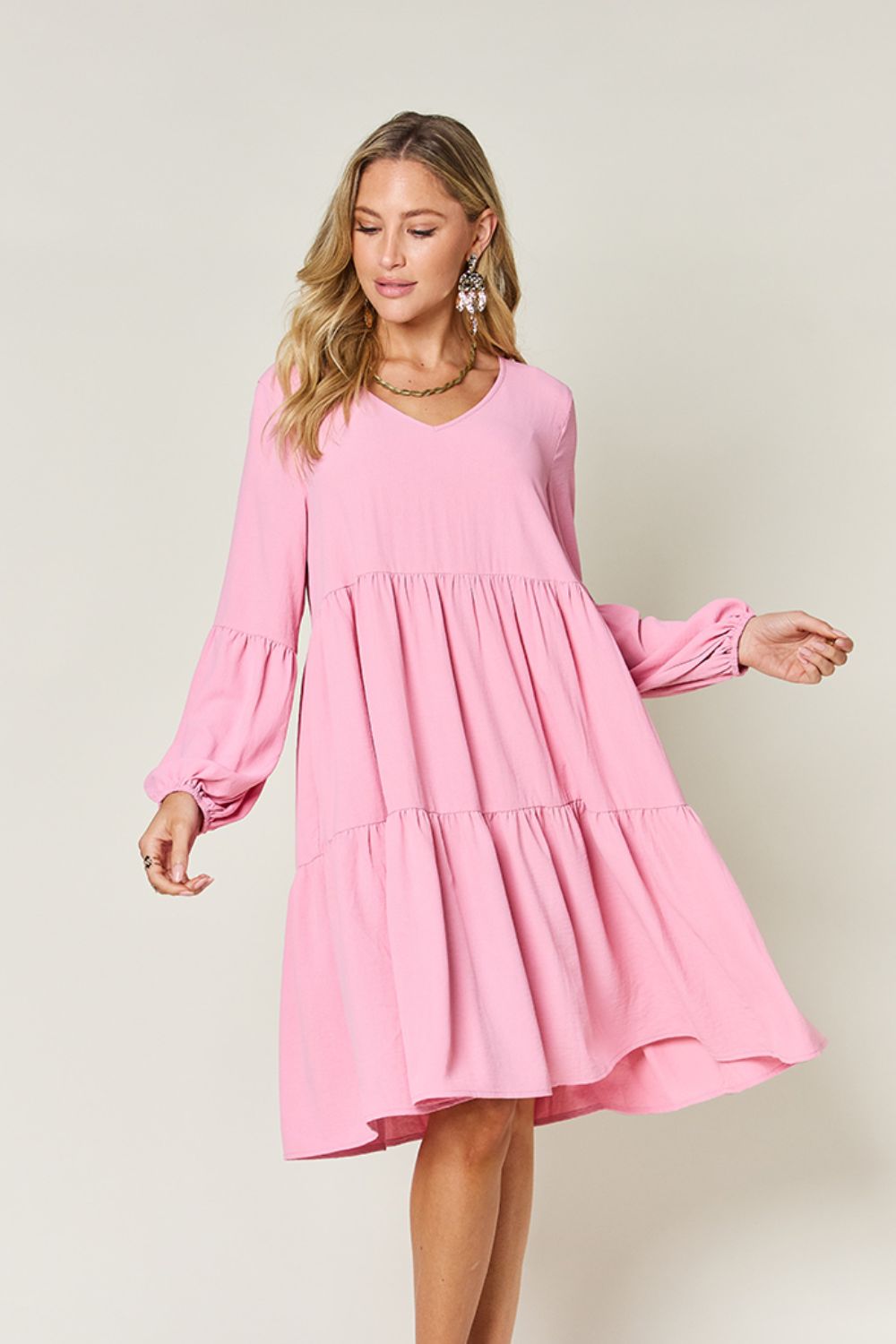 Double Take Full Size V - Neck Balloon Sleeve Tiered Dress with Pockets - Loulou Boutique