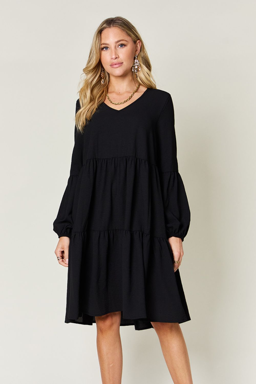 Double Take Full Size V - Neck Balloon Sleeve Tiered Dress with Pockets - Loulou Boutique