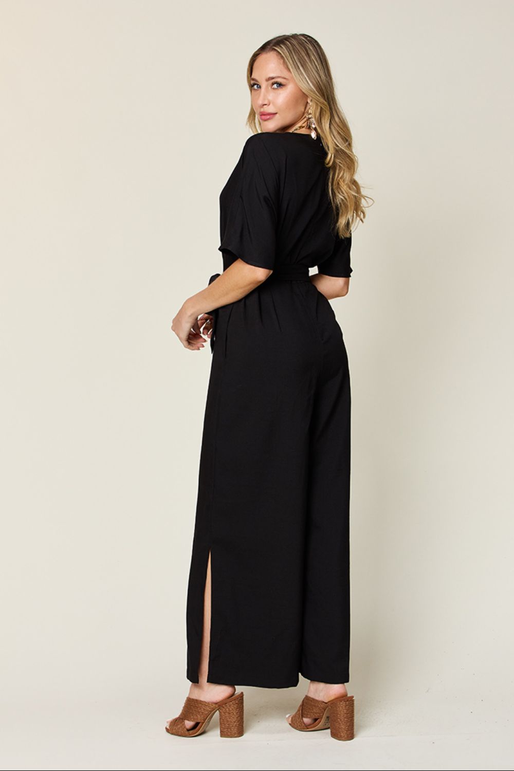 Double Take Full Size V - Neck Tie Front Short Sleeve Slit Jumpsuit - Loulou Boutique