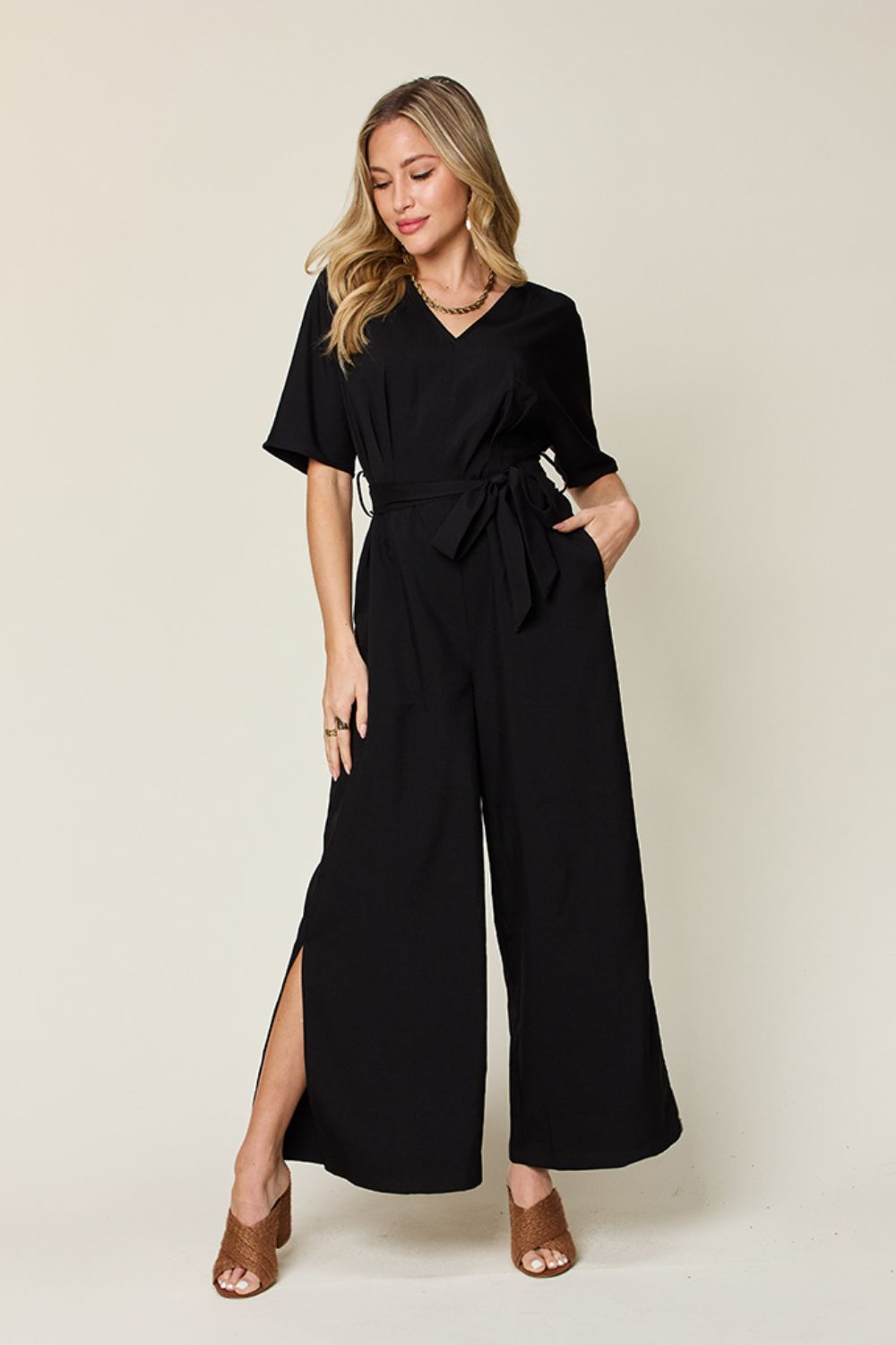 Double Take Full Size V - Neck Tie Front Short Sleeve Slit Jumpsuit - Loulou Boutique