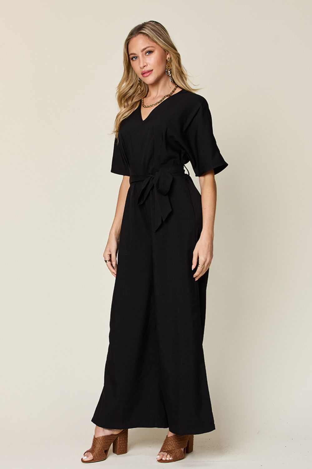 Double Take Full Size V - Neck Tie Front Short Sleeve Slit Jumpsuit - Loulou Boutique