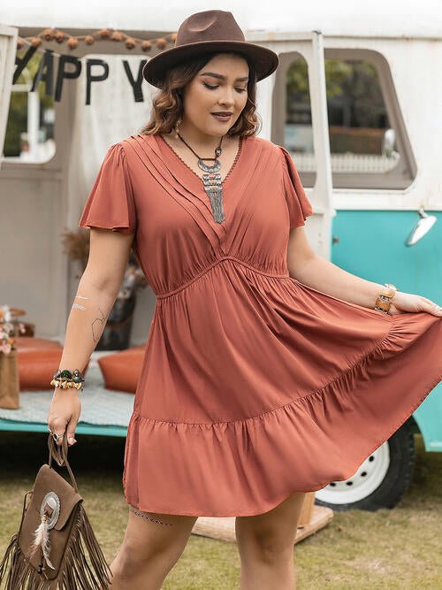 Double Take Plus Size Ruffle Hem V - Neck Short Sleeve Dress - Loulou Boutique